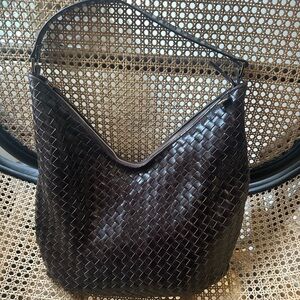 ADAX BROWN LEATHER WOVEN SHOULDER BAG